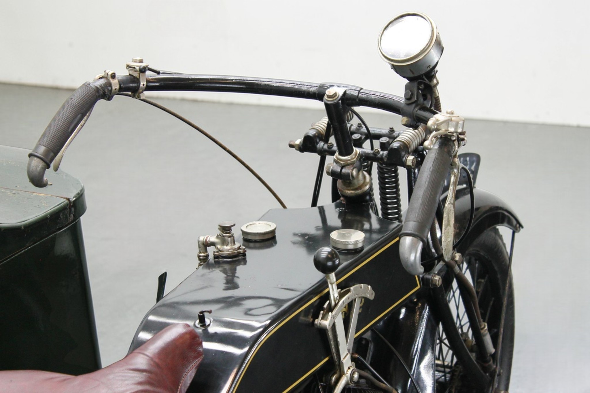 1924 AJS Model D with Sidecar handlebar detail